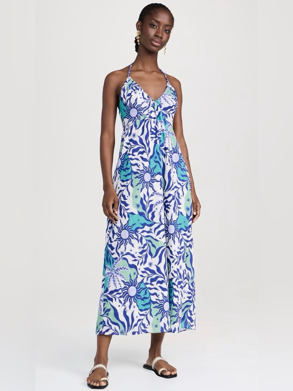 Xirena Blue & Aqua Floral Halter Maxi Dress, size Medium